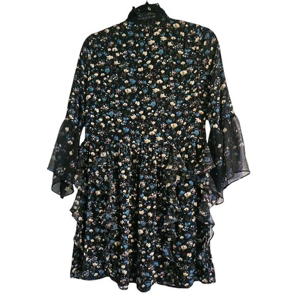 Zara Basic Black Dress XS Flowy Flounce Sleeves Black Floral Ruffles Whimsy Goth - Picture 2 of 12